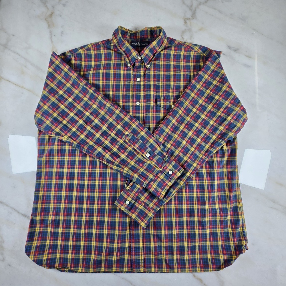 Vintage Ralph Lauren POLO Tartan Plaid Button Down Shirt Old Money Work Mens XXL